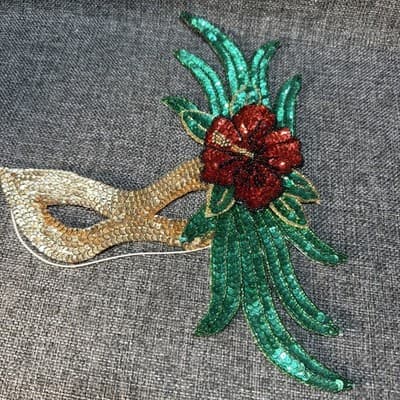 Vintage Appliqué Mardi Gras Beads and Sequins Masquerade Mask Purple Gold Red