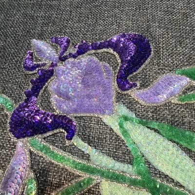 Patch Large Iris Beaded And Sequined Green and Purple Detailed Vintage Applique