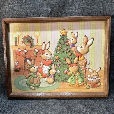 Creative Circle Trimmin' the Tree Quilted Stitchery Rabbit Christmas 1982 framed