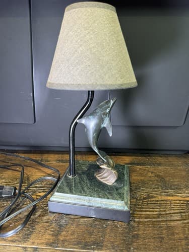Vintage Solid Brass Dolphin Table Lamp With Marble Base San Pacific Animal Fish