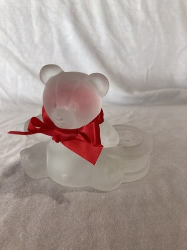 Vintage Frosted Glass Teddy Bear Drum Taper/Dinner Candle Holders Christmas 3”H
