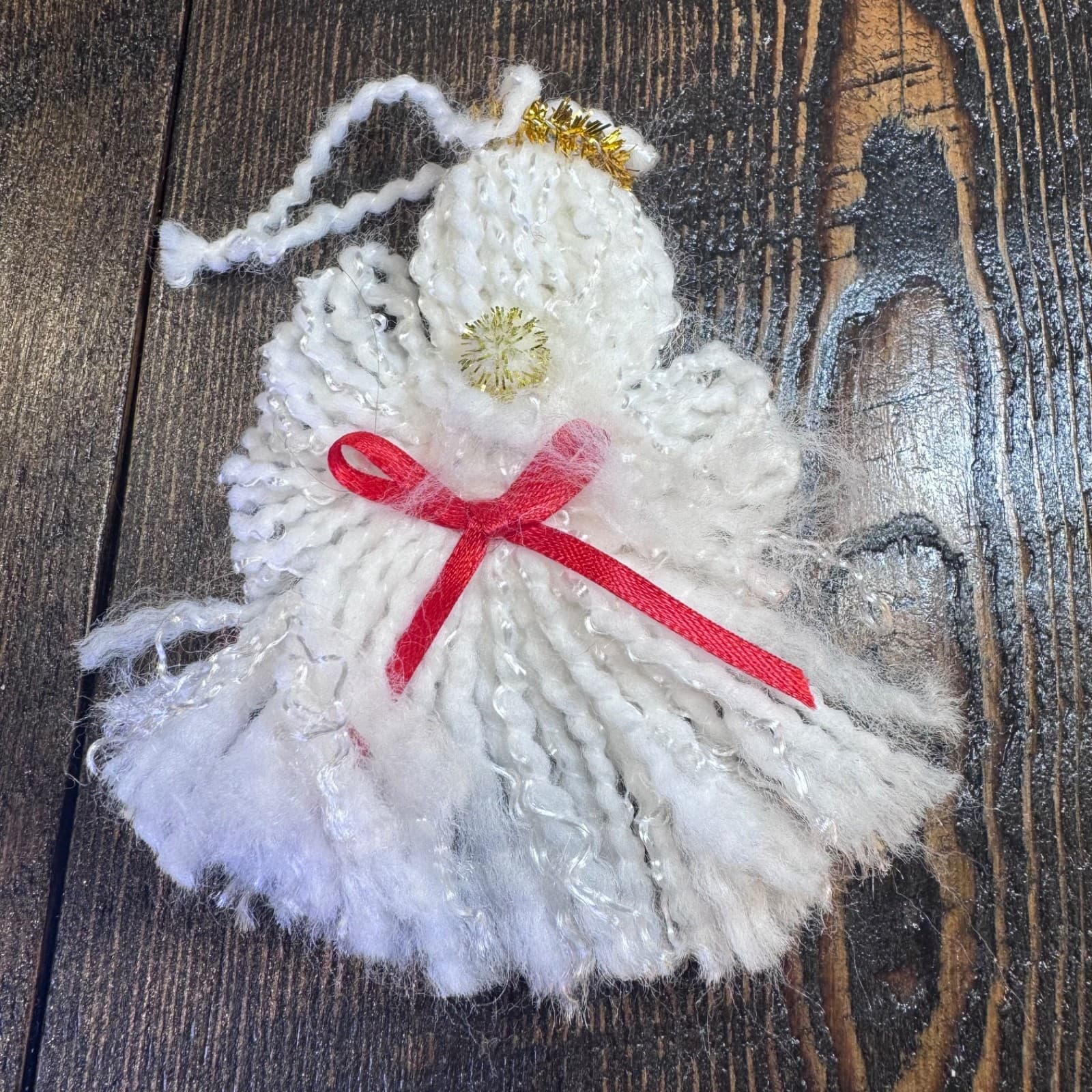 Handmade yarn white angel with red bow vintage Christmas holiday tree ornament