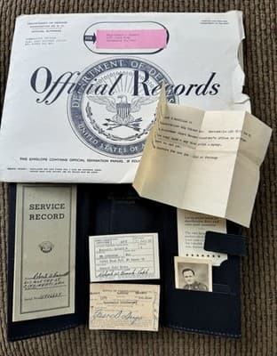 Vintage WWII Era US Army Honorable Discharge Papers & Records, W/Leather Folder