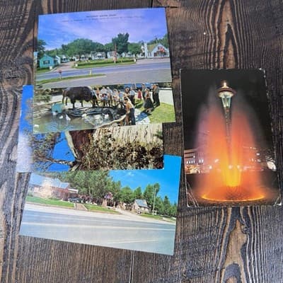5 VTG 1967 Postcards with Stamps - Seattle - Iowa - Calgary - Wisconsin