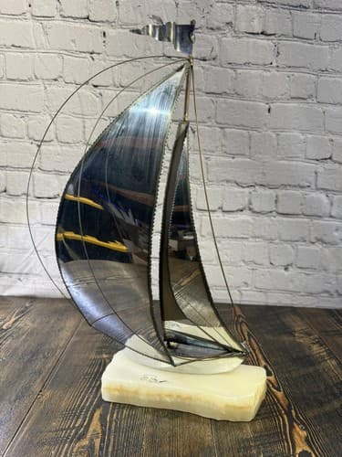 Vintage Signed John DeMott Art Brass Sailboat 17” Onyx Collectible 1975 boat