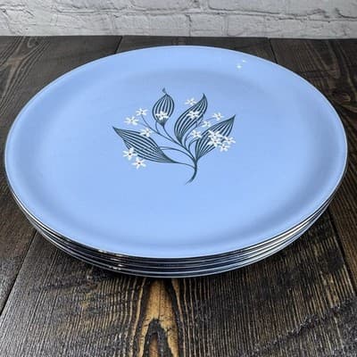 Set of 4 Homer Laughlin Skytone Blue 10" Dinner Plate Stardust Blue MCM Leaves