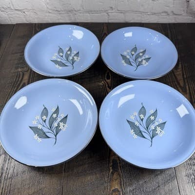 Set of 4 Homer Laughlin Skytone Blue 7.5” Soup Bowl Stardust Blue MCM Leaves
