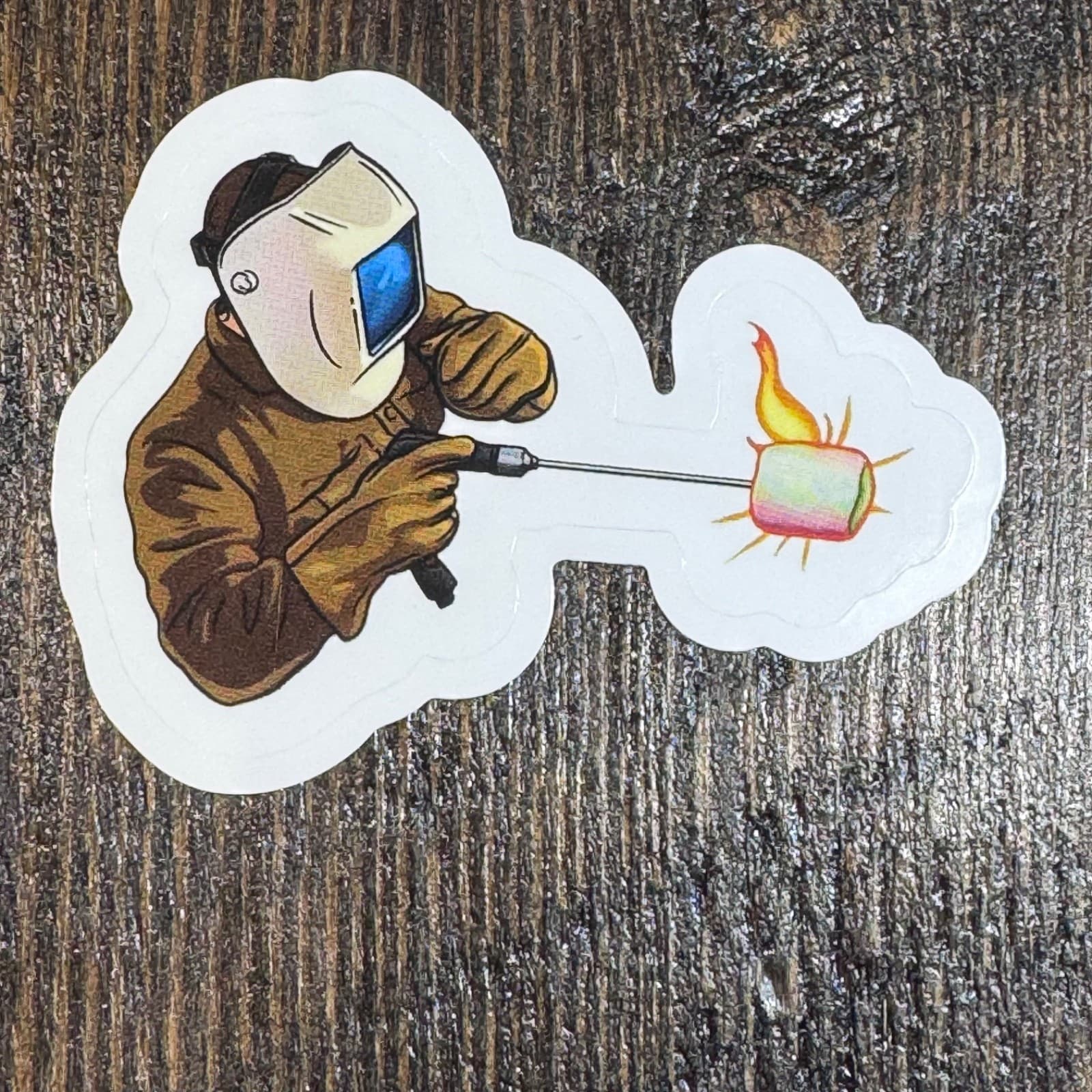Welder roasting marshmallow sticker 2” for hard hat water bottle locker