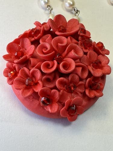 Red Flower Beaded Necklace Pearl And Red Beads Vintage Jewelry