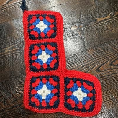 Christmas Stocking Granny Square Handmade Crochet Knit Vintage Red White Blue