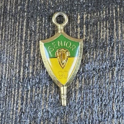 Vintage High School Charm Pendant Senior 1991 Josten's Shield - Green - Yellow
