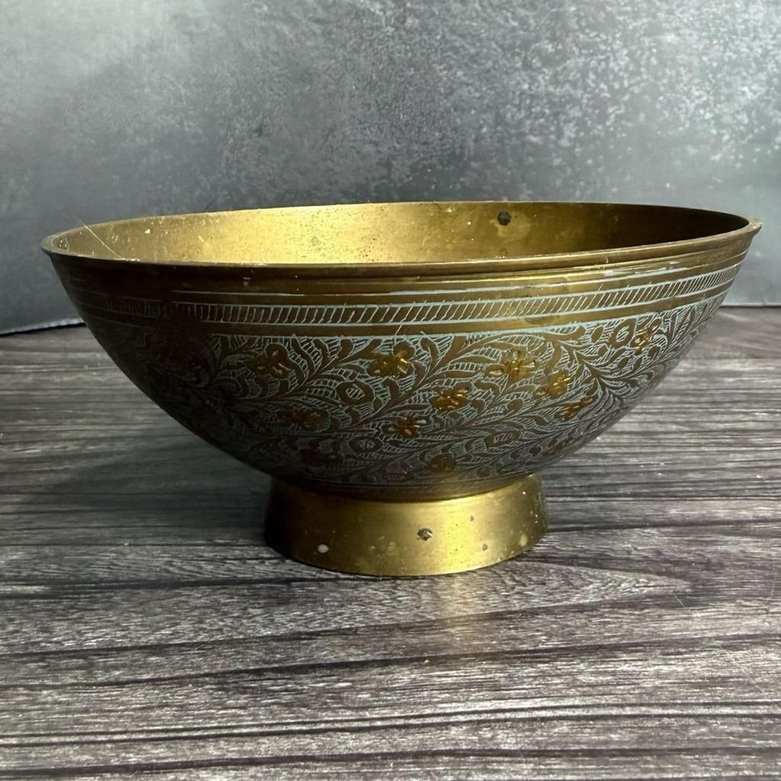 Vintage Etched Brass Pedestal Bowl with Floral Engravings