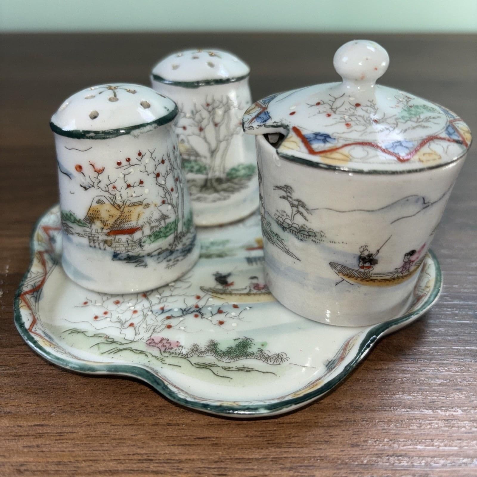 Antique Japanese Porcelain Salt Pepper Shaker Sugar Spoon Tray Set Miniature