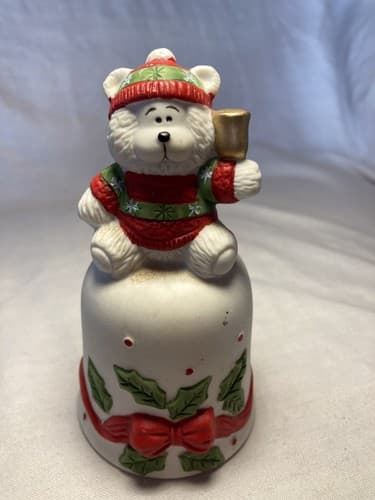 Christmas Holiday Teddy Bear Ceramic Bell White Holly Winter House of Lloyd