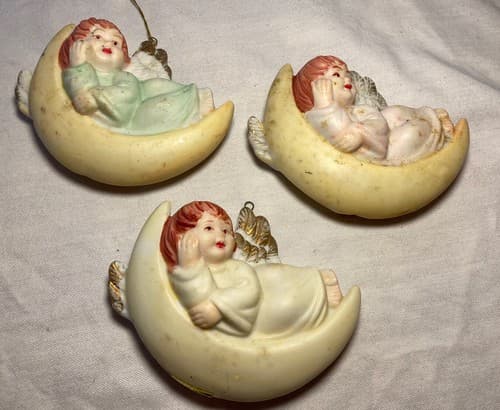 VTG Angel on the Moon Christmas Tree Holiday Ornament Ceramic Porcelain Set Of 3