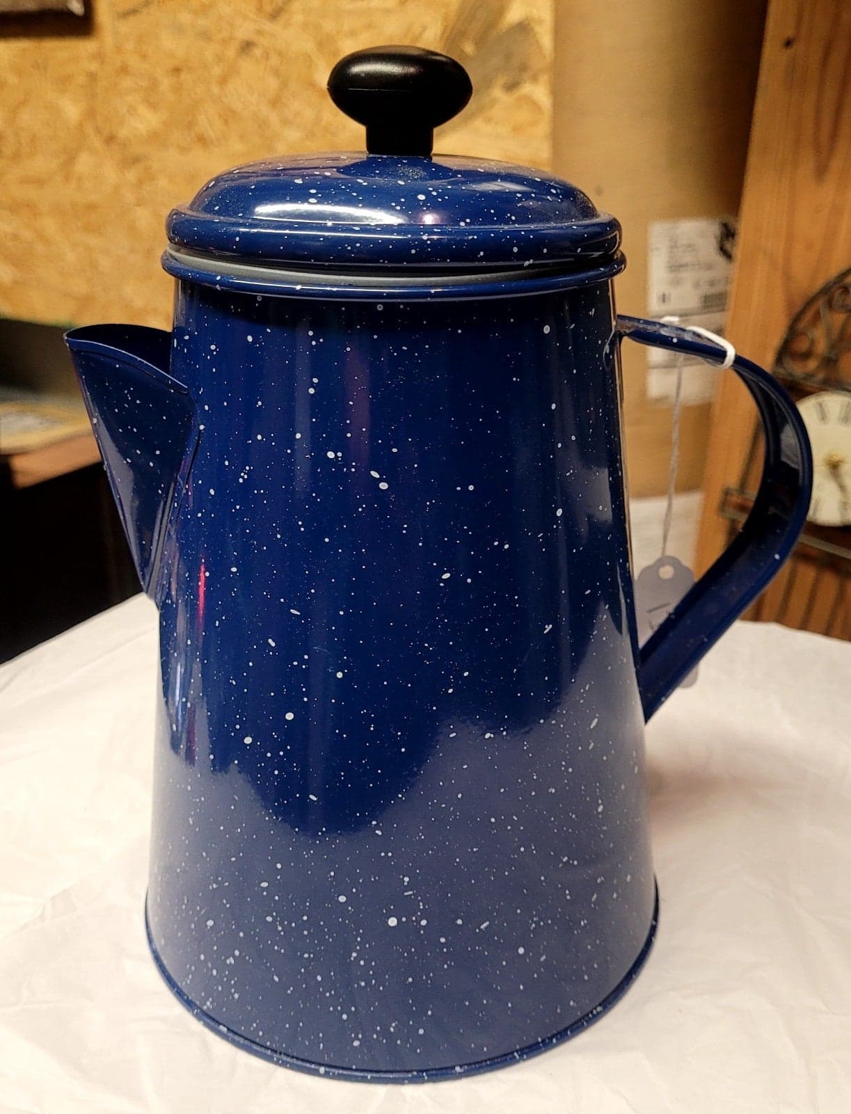 Vintage blue speckled enamel coffee pot.