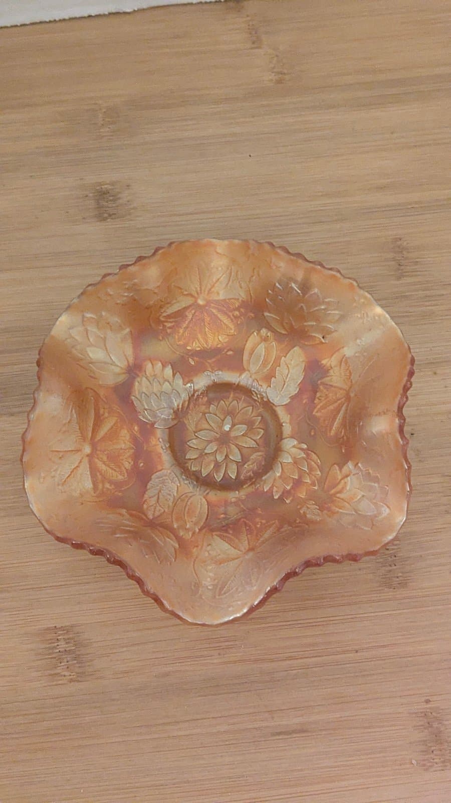 Vintage Fenton Water Lily Marigold Carnival Glass Footed Bowl Gorgeous Color 9”