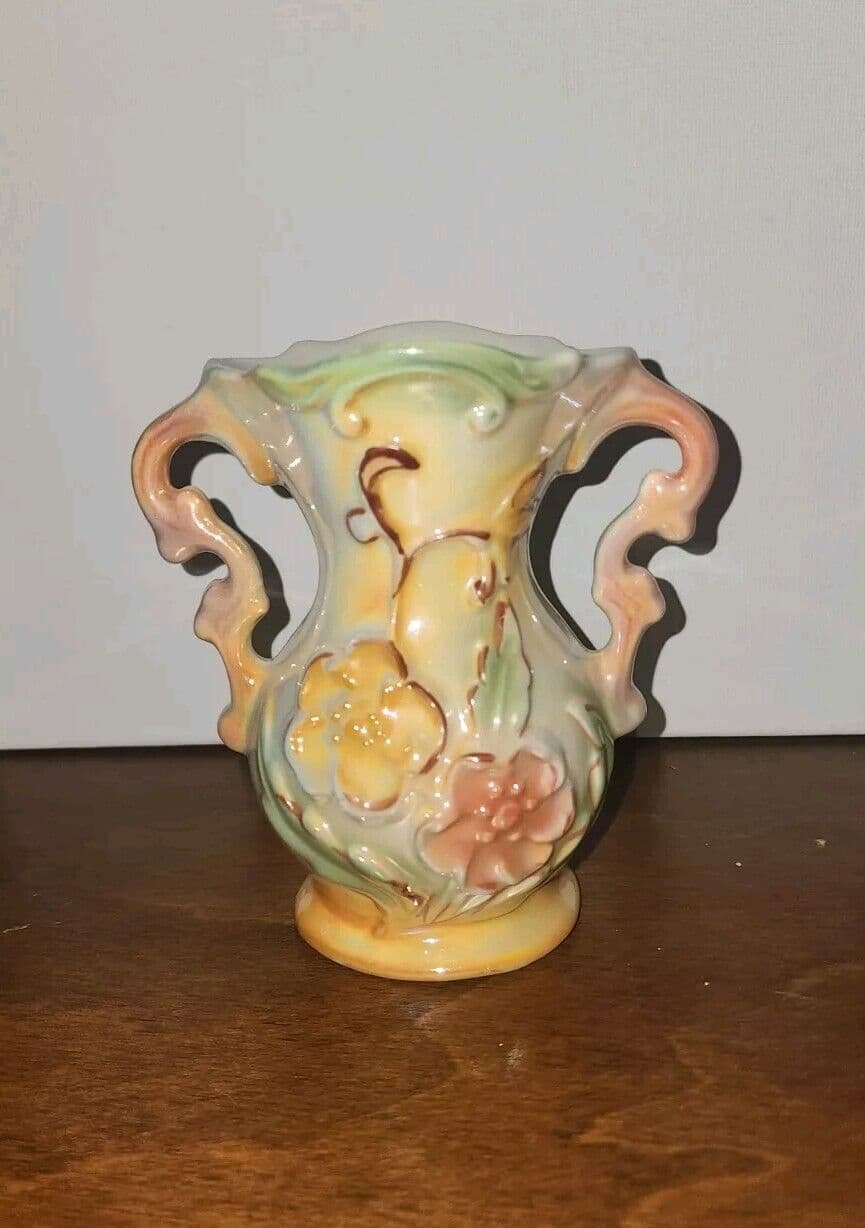 Lusterware Brazilian Vase Porcelain Double Handle Vintage Vase Raised Floral