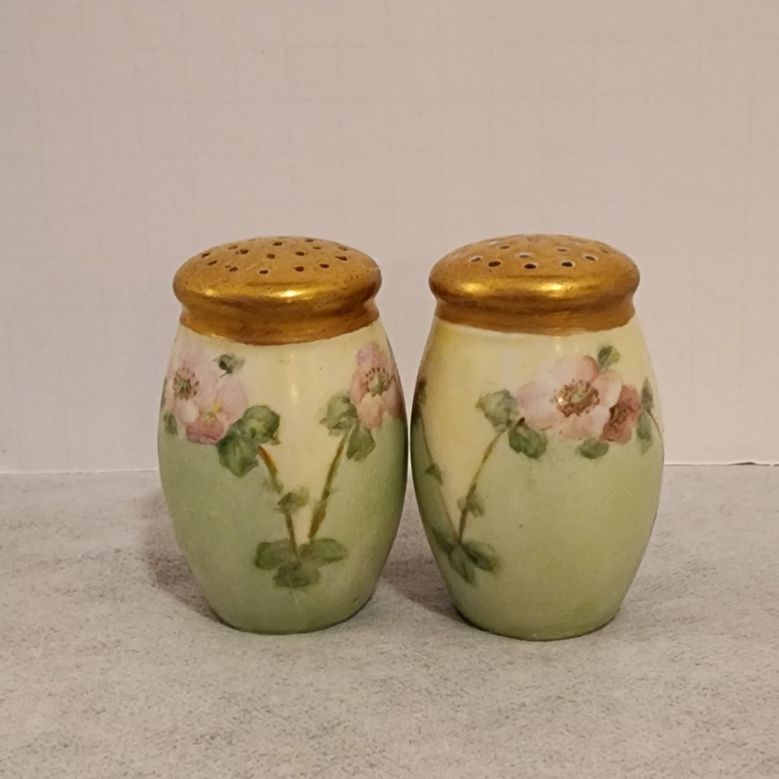Antique Bavarian Salt Shakers Golden Top wild rose, Hand Painted Porcelain