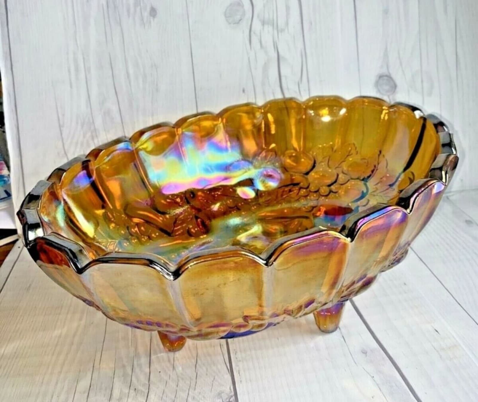 Vintage Large Oval Footed Fruit Bowl Indiana Glass Amber Carnival