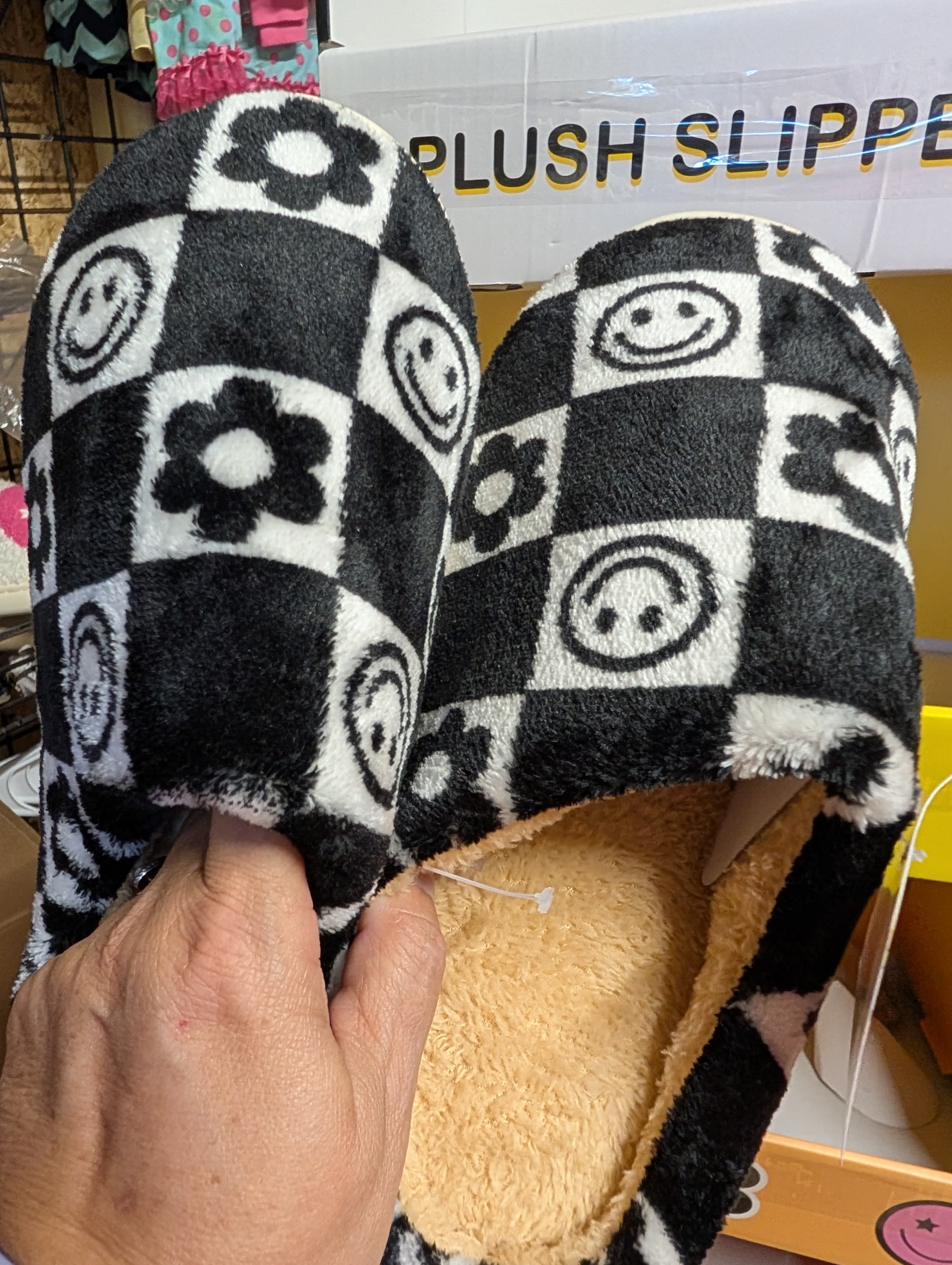 Ladies Plush Slippers Black White Smiley Large 9-10
