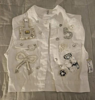 SALT White Bedazzled Vest Women's Small 100% Cotton Pockets Jacket Retro