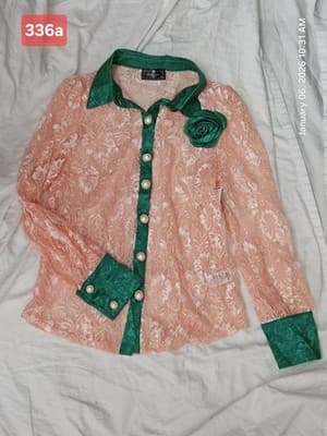 Camellia By Affection Women's Dress Shirt Medium pink green Button Down Lace