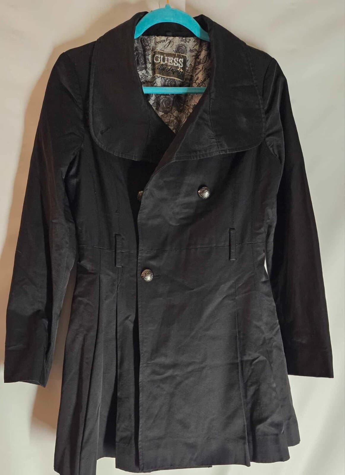Guess Women's Small Long Black Double Breasted Canvas Pea Coat