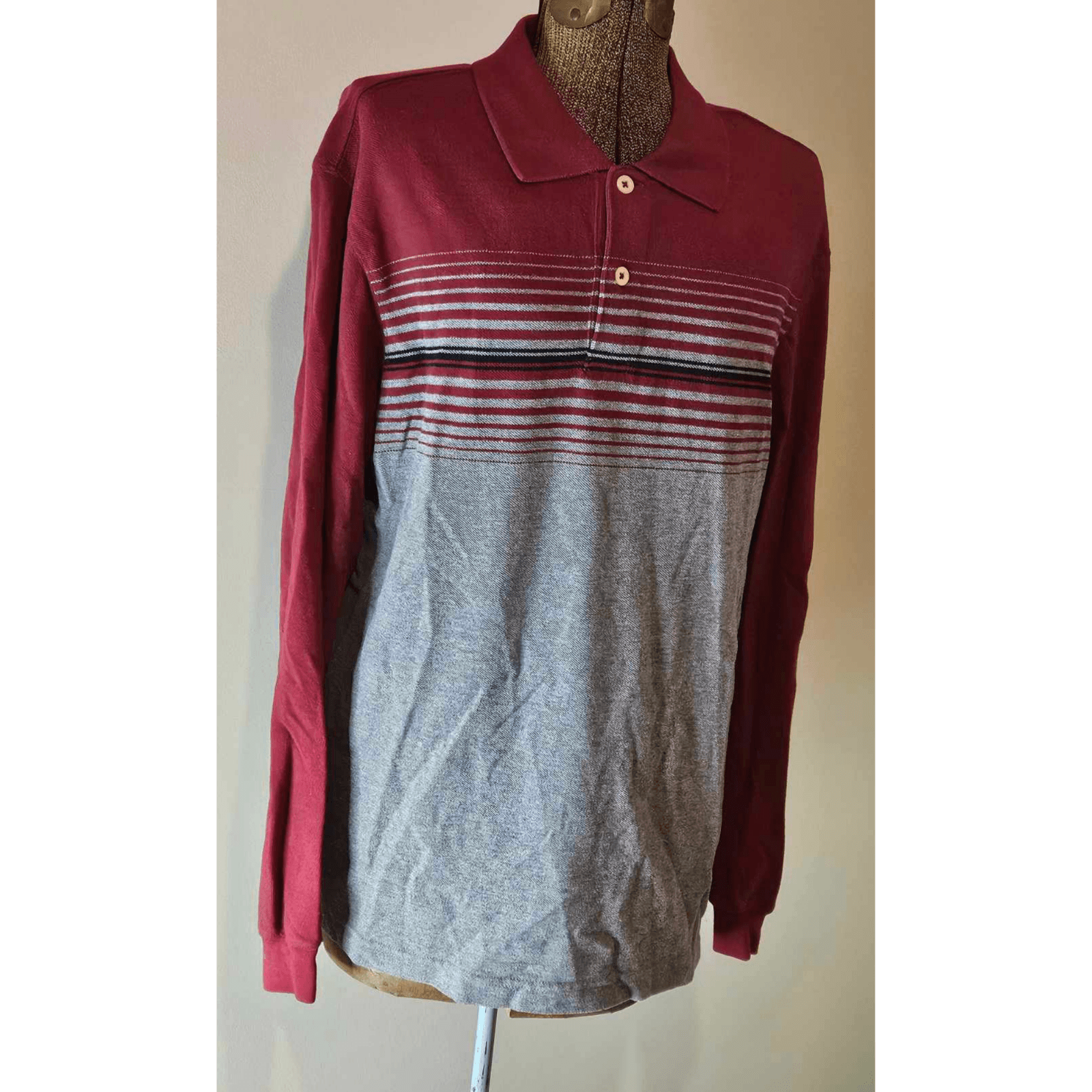 Eddie Bauer Sweater Men's Long Sleeve Polo Shirt Gray & Red Medium Top