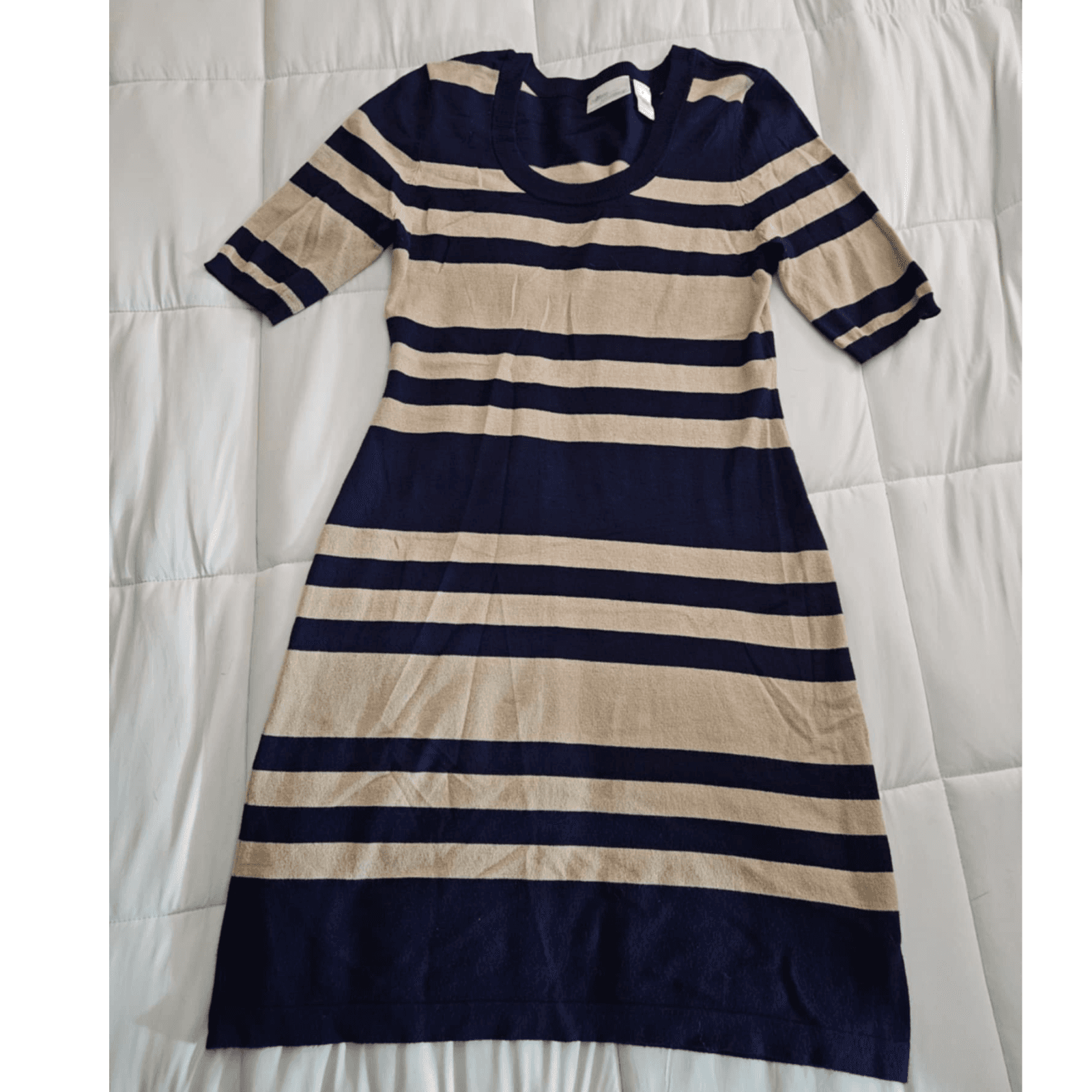 Allison Brittney Women's Short Sleeve Knit Striped Sweater Dress Medium Blue Tan