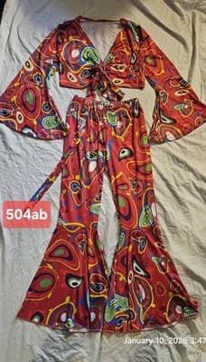 Women's 2 Piece Outfit Multi Color Medium Crop Tie Top Flare Legs Beach Wear