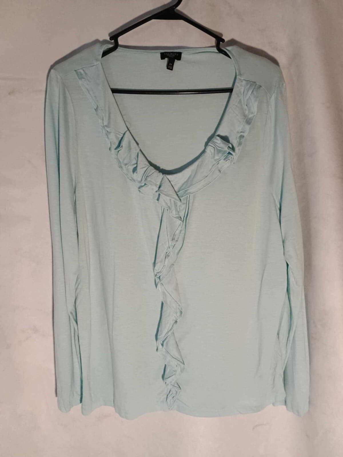 Talbots Women's Long Sleeve T-shirt Round kneck Blue Size 2X Ruffel Blouse