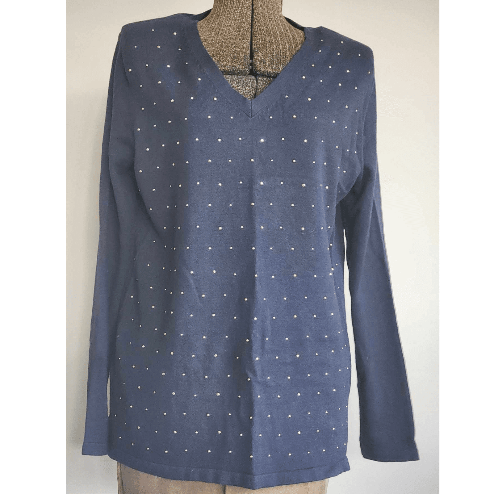 Tommy Hilfiger Women's V Neck Sweaters Pullover Navy Blue with Golden Dot Sz L/G