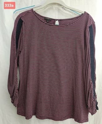 Talbots Petite Women's Long Sleeve Large T-Shirt Blouse Burgandy Black stripe