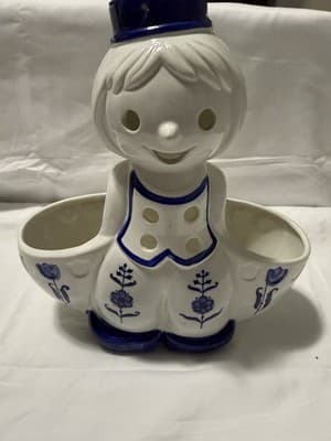 Vintage Girl Delft Blue Style Planter or Utensil Holder Hand Painted Ceramic