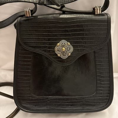 Vintage Brighton Womens Leather Croc Black Bag Purse Heavy Shoulder 751924