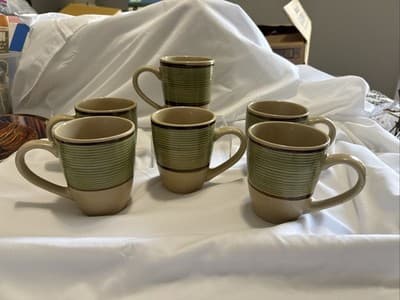 (6) Gibson Retreat Green Mugs Set Embossed Rings Rim Brown Trim Coffee Cups Lot