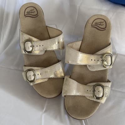 Women’s Dansko Wedge Sophie Buckle Gold Glitter Sandals Comfort Shoes, 41/8.5-9