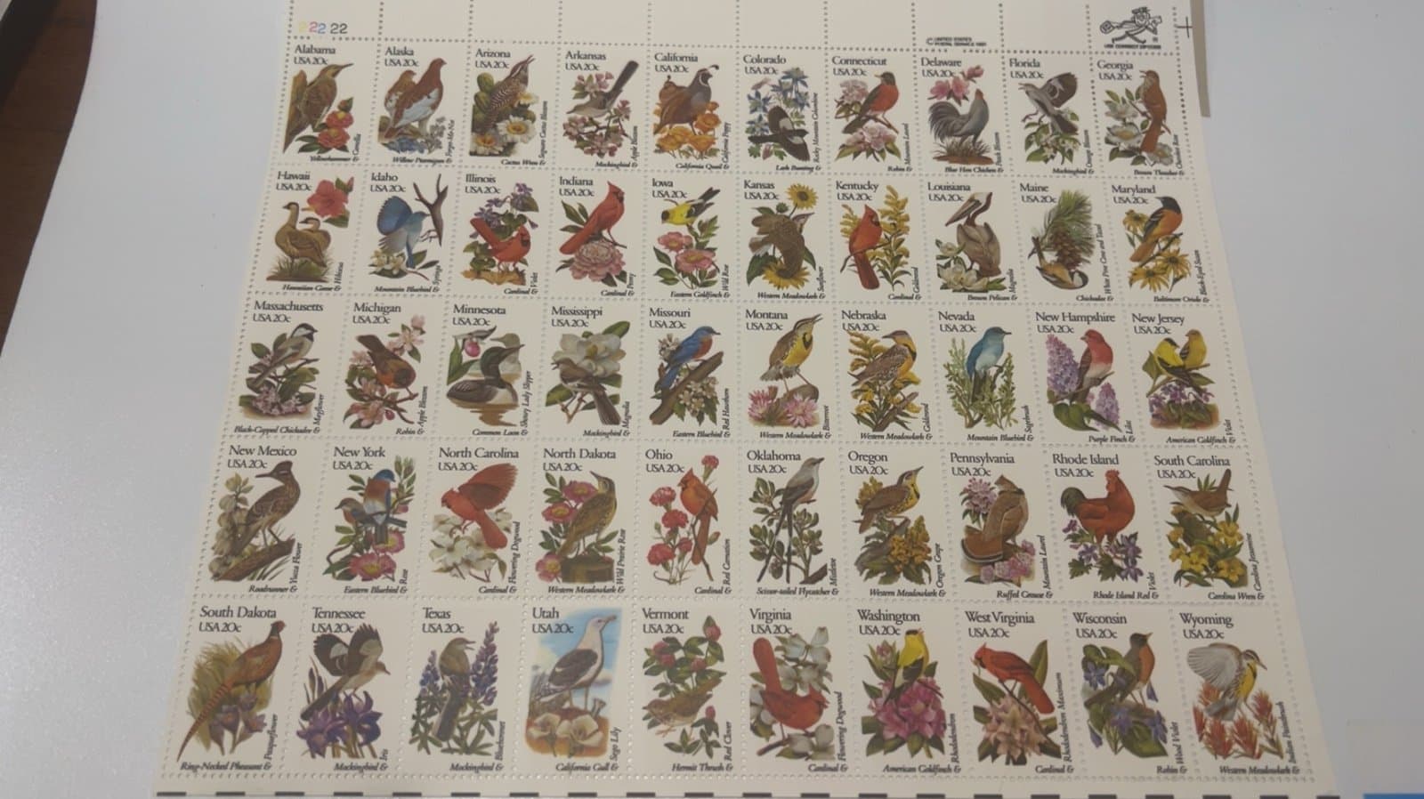 1981 USPS 50 States Birds and Flowers, 20c Commemerative Stamps
