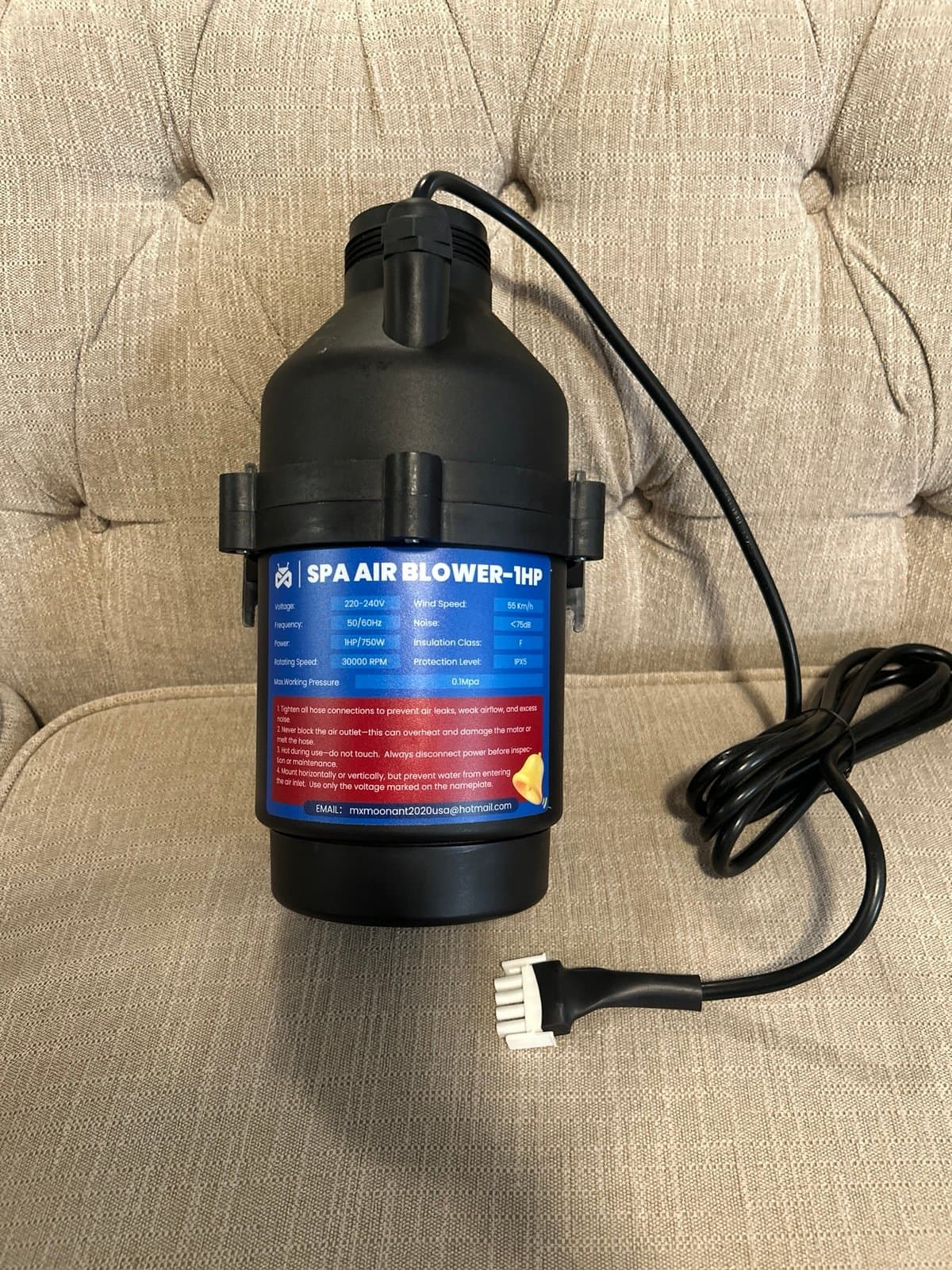 SPA Air Blower, 1HP 220V SPA Blower Motor 1.5" Plumbing with AMP Plug for Spas