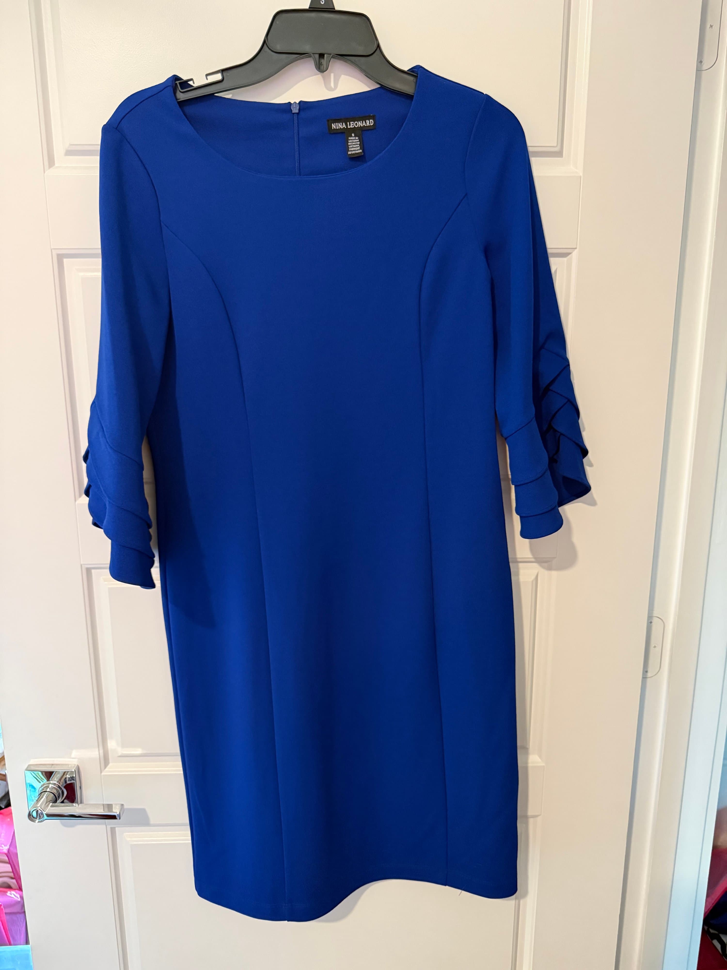 Nina Leonard Blue Dress with Ruffle Sleeves Size S