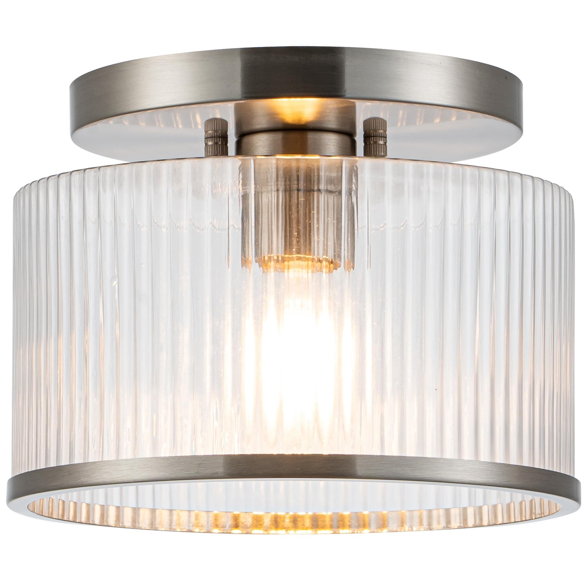 Zlepmlla Glass Ceiling Light, Clear Ribbed Glass Ceiling Light Fixture with Nickel Metal Frame, Modern Semi Flush Mount Ceiling Light for Hallway, Entryway, Bedroom, Bathroom, Kitchen