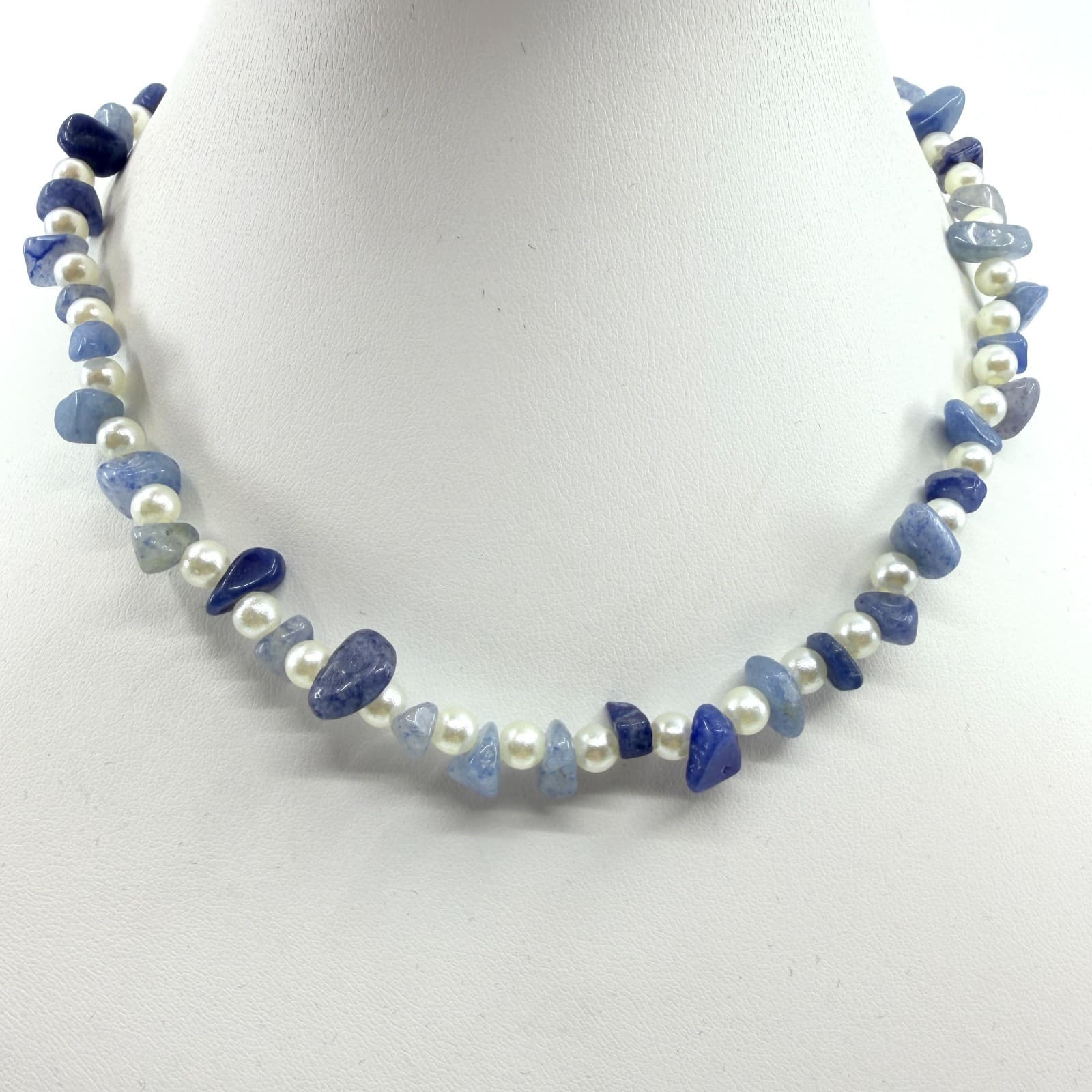 Vintage Blue Stone Chip Necklace Faux Pearl Beaded Statement Boho Y2K 90s Retro