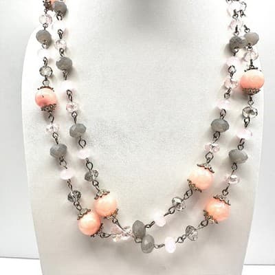 Vintage Multicolor Crystal Bead Double Strand Necklace Gold Tone 90s Jewelry