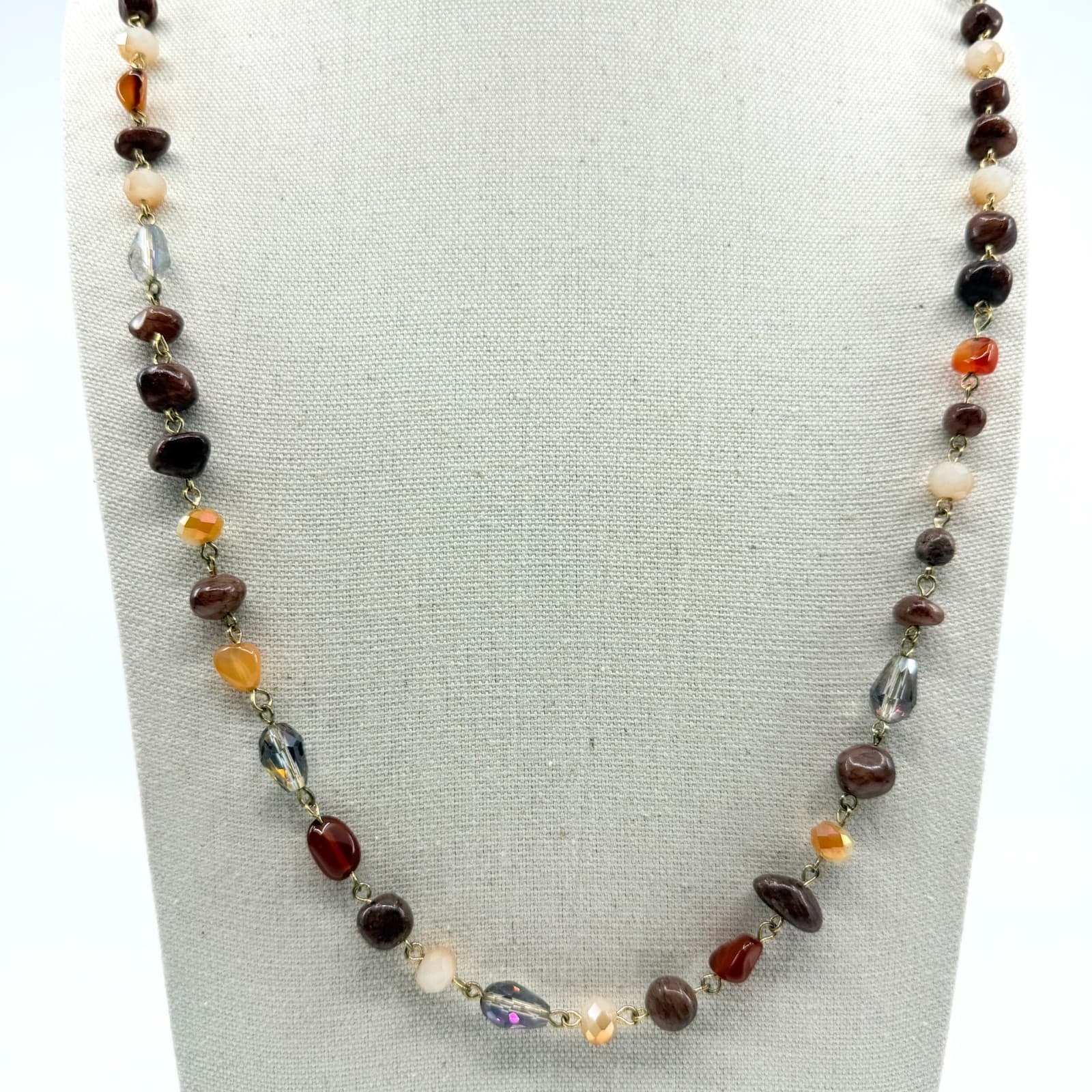 Vintage Gold Tone Brown Beaded Necklace Earth Tone Boho Statement Y2K Retro 90s