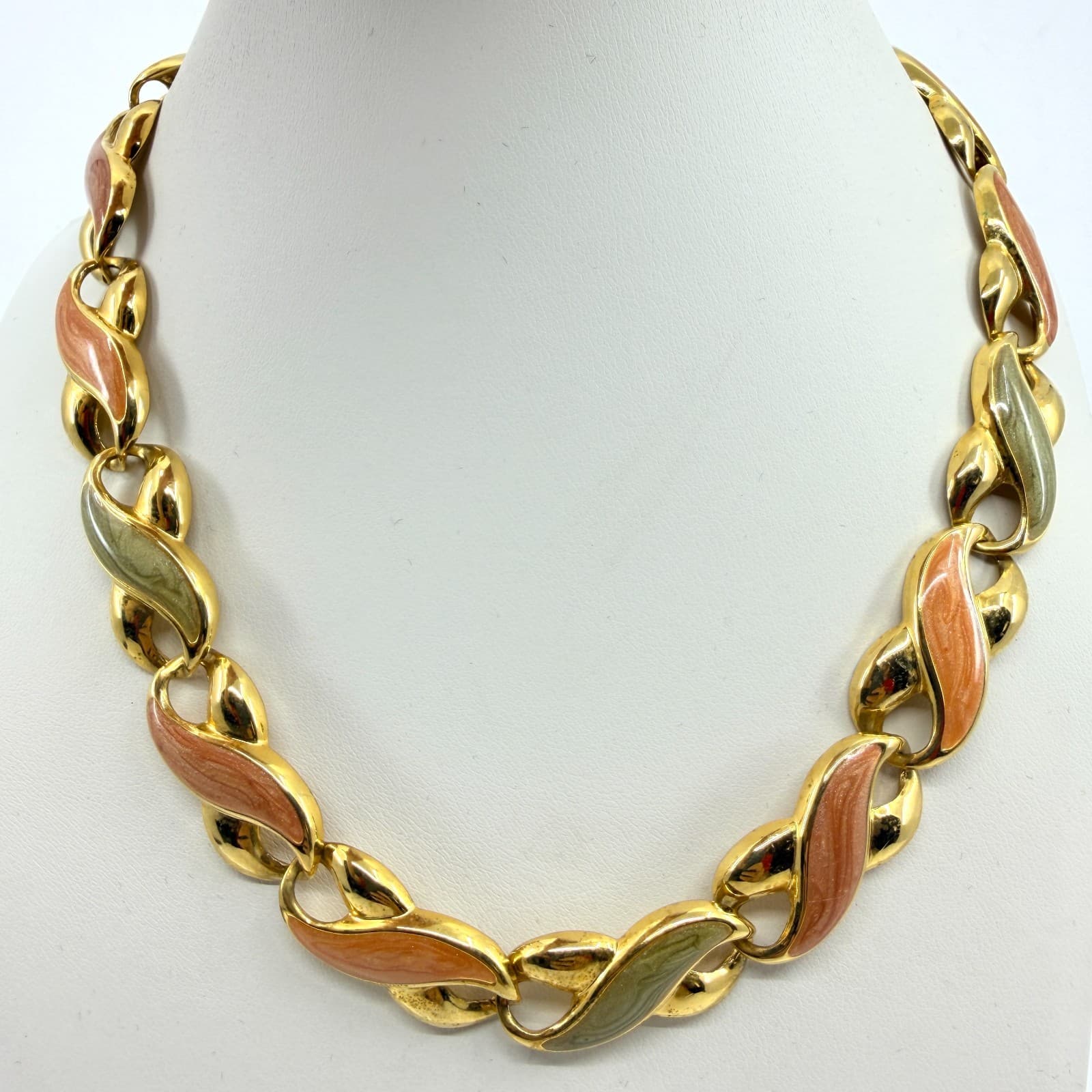 Vintage Gold Tone Enamel Necklace Pink Green Pastel Collar Statement 90s Retro