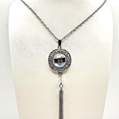 Vintage 90s Clear Crystal Pendant Tassel Necklace Silver Tone Women's Jewelry