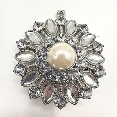 Vintage 90s Silver Tone Faux Pearl Rhinestone Floral Brooch Pendant Estate