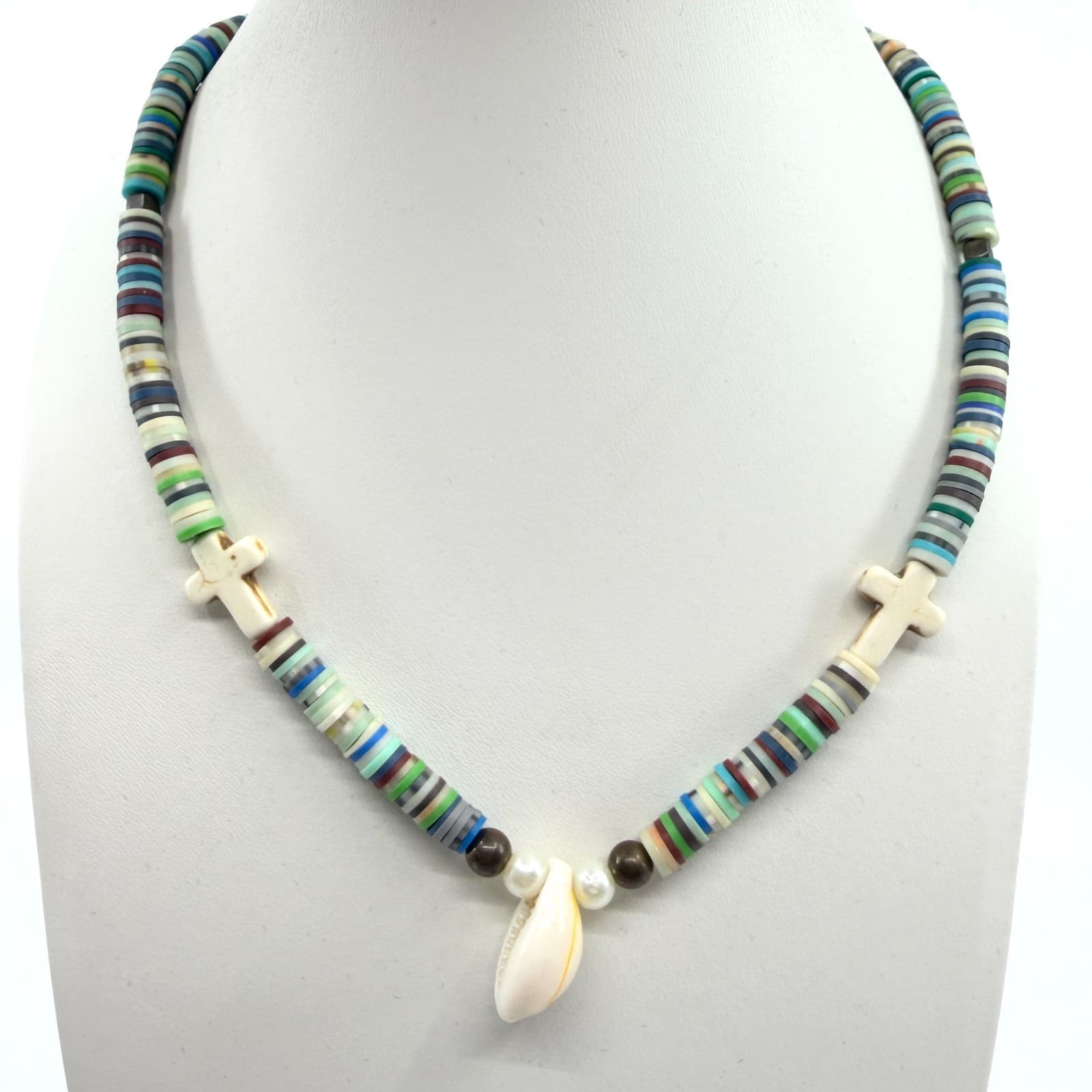 Vintage Boho Beaded Necklace Cowrie Shell Cross Pendant Multicolor Retro Y2K 90s