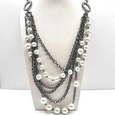 Vintage 90s NY Multi-Strand Faux Pearl Glass Layered Necklace Women's Jewelry